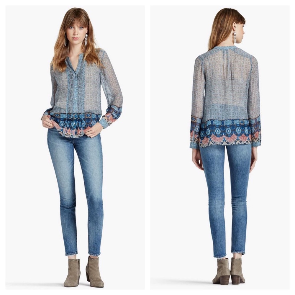 Lucky brand Mixed Print Pintuck Pleat Sheer Blouse.